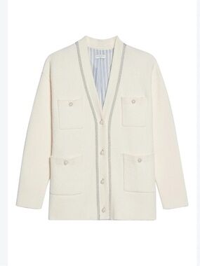 Sandro Paris Ivory Bouclé Pearl Button Long Cardigan Jacket Size Large